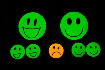 Emoticon icons of paper-cut smiley faces surrounding a sad face. concept of emotions, psychology, assessment, mental health, therapy.... Black background.