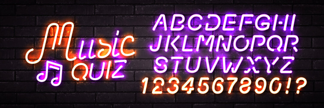 Vector realistic isolated neon sign of Music Quiz logo with easy to change alphabet font on the wall background.