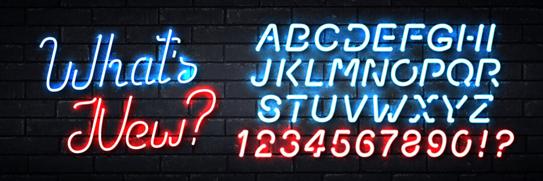 Vector realistic isolated neon sign of What's New logo with easy to change color alphabet font on the wall background.