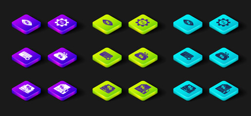 Set Percent discount and laptop, Finance document lock, Credit card remove, Purse money percent, Gear with and Eye icon. Vector