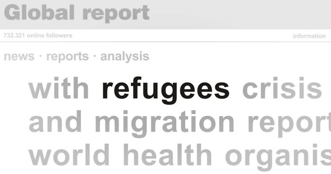 Headline news across international media with refugees and migration crisis. Abstract concept of internet news titles on screens loop. Seamless and looped animation.