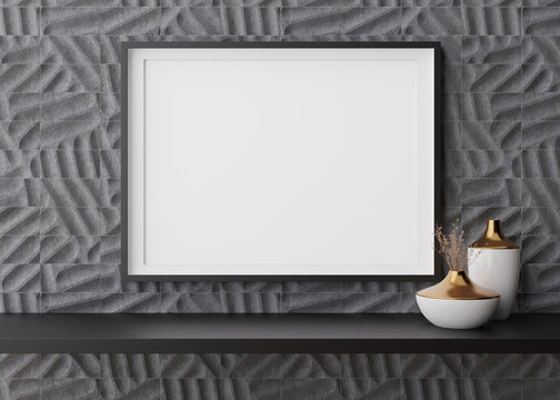 Empty horizontal picture frame on grey wall in modern living room. Mock up interior in contemporary style. Free, copy space for picture, poster. Close up. 3D rendering.