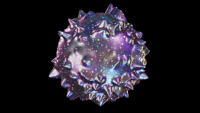 Realistic looping 3D animation of the abstract morphing liquid silver iridescent metal spiky form covered with colorful shining glittering confetti rendered in UHD with alpha matte