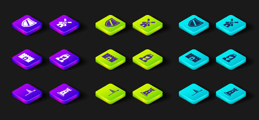 Set Medieval flag, Castle tower, castle gate, Princess, Windmill and Shield icon. Vector