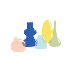 Modern vases vector illustration with colored glass bottles and jars transparent. Ikebana minimalist background. Trendy print for package branding, social media, greeting