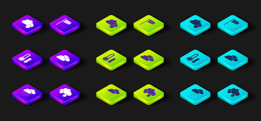 Set Cloud with rain, Meteorology thermometer, Sun and cloud weather, Cone windsock wind vane and icon. Vector