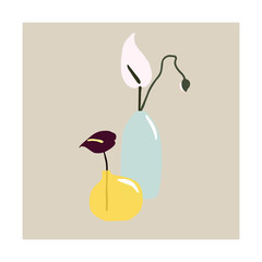 Modern vases vector illustration with colored glass bottles and jars with flowers. Ikebana minimalist background. Trendy print for package branding, social media