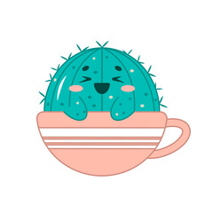 A cheerful cactus with a kawaii-style face. Cute cactus in a mug. Cartoon character of a plant. Vector illustration
