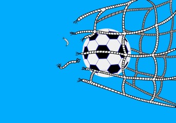 Ball that breaks the net on blue background