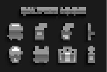 Set Gas mask, Police rubber baton, Hand grenade, assault shield, Special forces soldier, and icon. Vector