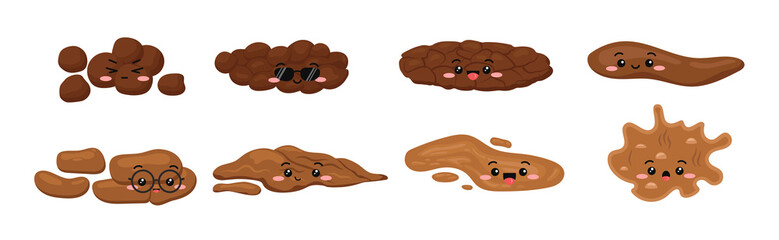 Cute poop excrement character for bristol scale chart feces. Different type constipation baby poo - hard, soft, cracked, watery cartoon vector icon isolated. Flat design vector clip art illustration.