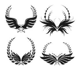 Set of four laurel wreath and wing silhouettes. Collection of award or victory signs. Heraldry emblem. Black color. Vector  illustration.