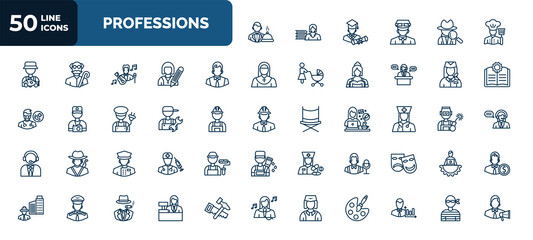 set of 50 professions web icons in outline style. thin line icons such as waiter, cooker, office worker, air hostess, plumber, physician assistant, concierge, showman, stewardess, clerk, thief