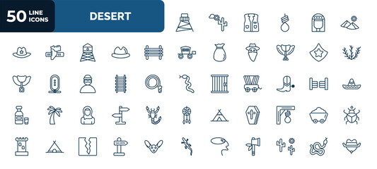 set of 50 desert web icons in outline style. thin line icons such as cowboy tower, dunes, paddock, prefect, train rails, cowboy boot, arab, wooden coffin, lasso, wild west saloon, snake vector.