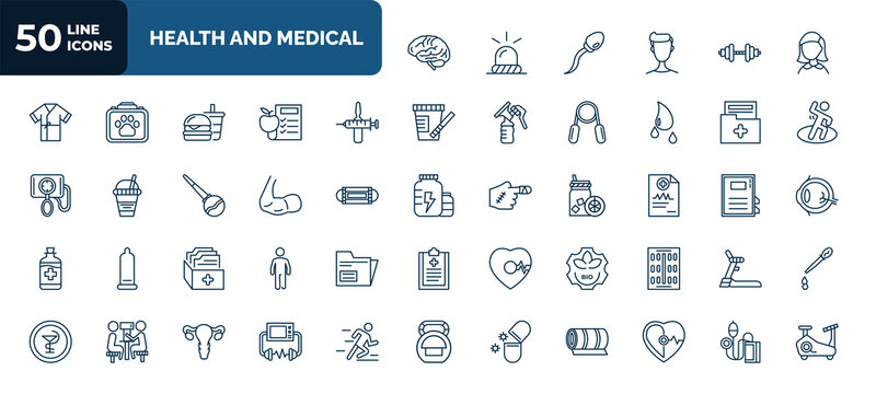 set of 50 health and medical web icons in outline style. thin line icons such as neurology, girl, injection, medical result, biceps, medical report, file, bio, antibiotics, defibrillator,