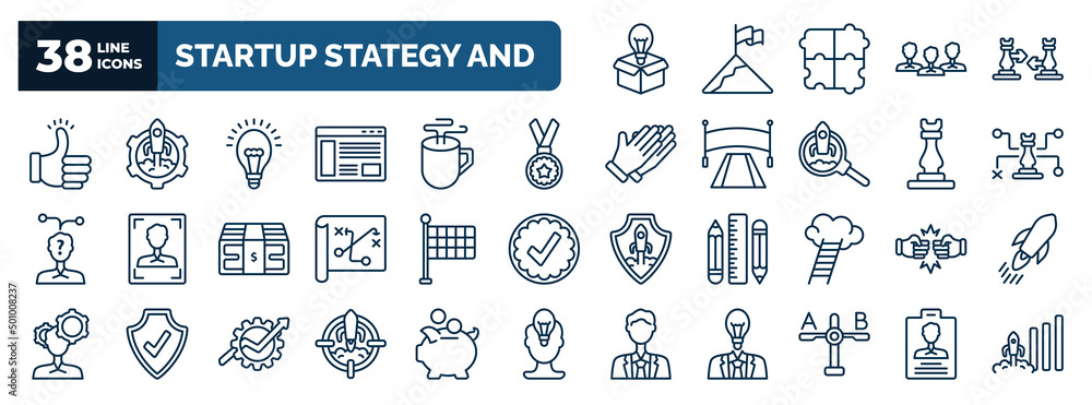 Aufkleber set of startup stategy and web icons in outline style. thin line icons such as new product, accept, 