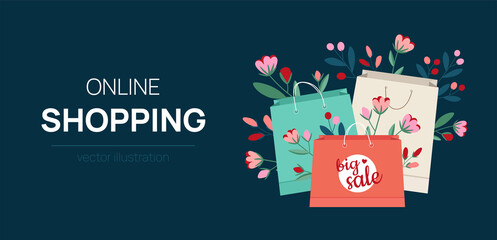 Vector banner - big seasonal sale. Shopping bags decorated with flowers and twigs. Illustration for online store, online shopping