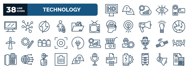 set of technology web icons in outline style. thin line icons such as hd monitor, big tv, electric, old television, transistor, electrical plug, satellite connection, wired connection, office