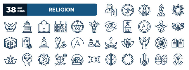 set of religion web icons in outline style. thin line icons such as orthodox, god, gospel, incense, holy elephant, atheism, agticism, noah ark, jainism, easter eggs vector. - obrazy, fototapety, plakaty