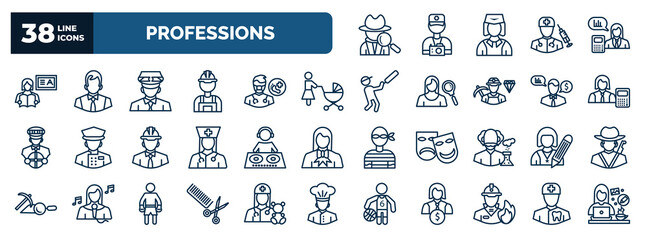 set of professions web icons in outline style. thin line icons such as detective, teacher, taxi driver, baby sitter, mathematician, dj, writer, hairdresser, firefighter, orthodontist vector. - obrazy, fototapety, plakaty