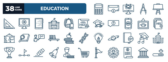 set of education web icons in outline style. thin line icons such as small calculator, measuring tools, tactile tablet, sealed diploma, new document, book and, graduation's music, hand bell