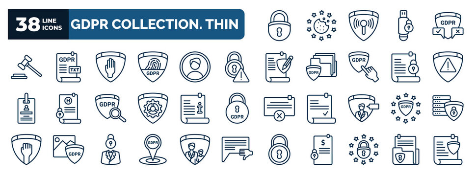 set of gdpr collection. thin web icons in outline style. thin line icons such as lock, auction, right to objection, alert, attention, information, gdpr, address, eu, document vector.