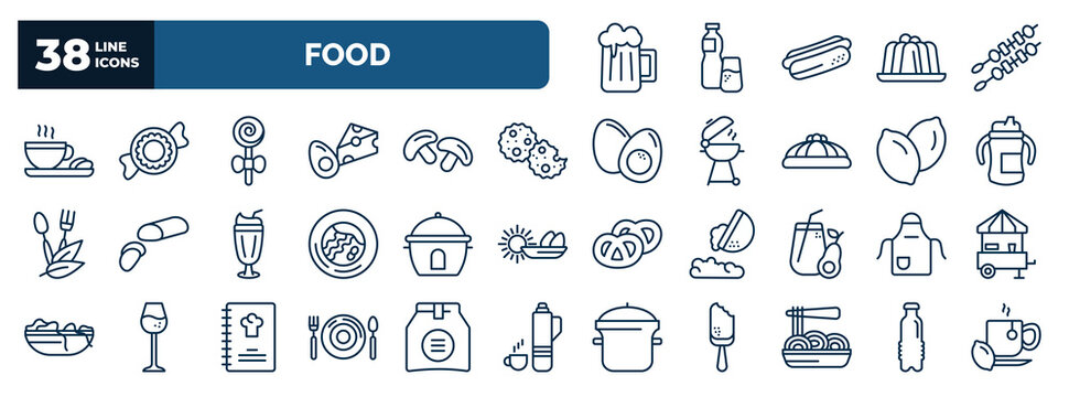 set of food web icons in outline style. thin line icons such as beers, warm cup and plate, jawbreaker, biscuits, sippy cup, boiler, kitchen pack, plate and utensils, pasta, water container vector.