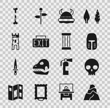 Set Rock stones, Human skull, Medieval iron helmet, Viking in horned, Exit sign, Castle tower, broken bone and Ancient column icon. Vector