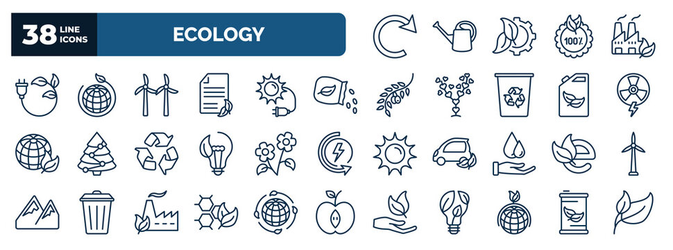set of ecology web icons in outline style. thin line icons such as reload, eco plug, wind mill, seeds, nuclear energy, two flowers, eco e, eco cell, sustainability, fuel vector.
