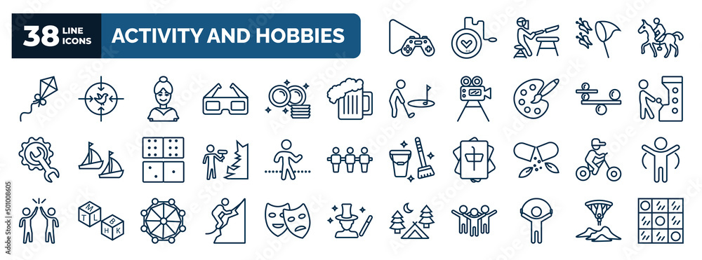 Poster set of activity and hobbies web icons in outline style. thin line icons such as game playing, flying