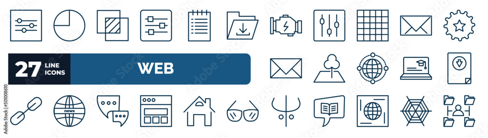 Poster set of web web icons in outline style. thin line icons such as on slider, sliders, engine, message c