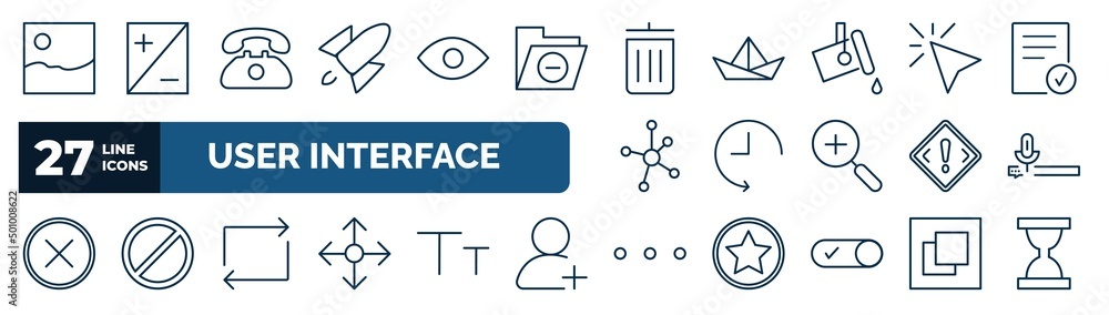 Aufkleber set of user interface web icons in outline style. thin line icons such as gallery, rocket launch, el