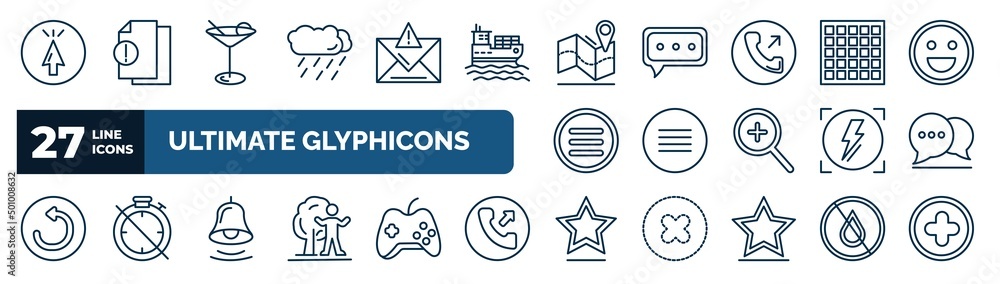 Poster set of ultimate glyphicons web icons in outline style. thin line icons such as mouse up arrow, rain 