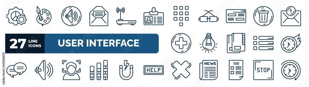Poster set of user interface web icons in outline style. thin line icons such as tings cog, envelope with m