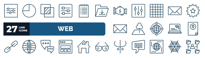 set of web web icons in outline style. thin line icons such as on slider, sliders, engine, message closed envelope, land, downloading file, communication tool, darkness vector.