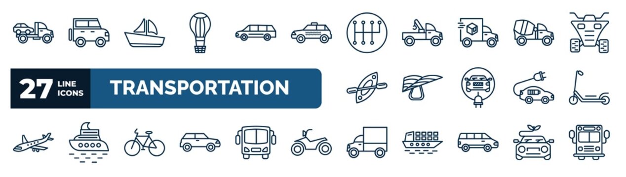 set of transportation web icons in outline style. thin line icons such as wrecker, hot air balloon, gear box, cement truck, hang glider, scooter, bicycle, lorry vector.