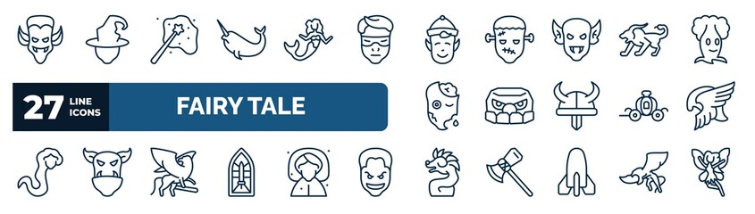 set of fairy tale web icons in outline style. thin line icons such as dracula, narwhal, elf, chimera, , valkyrie, griffin, quetzalcoatl vector. © IconArt