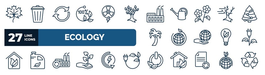 set of ecology web icons in outline style. thin line icons such as m leaf, 100 percent natural, power plant, wind bending tree, eco, green energy source, recycling factory, green power vector. - obrazy, fototapety, plakaty