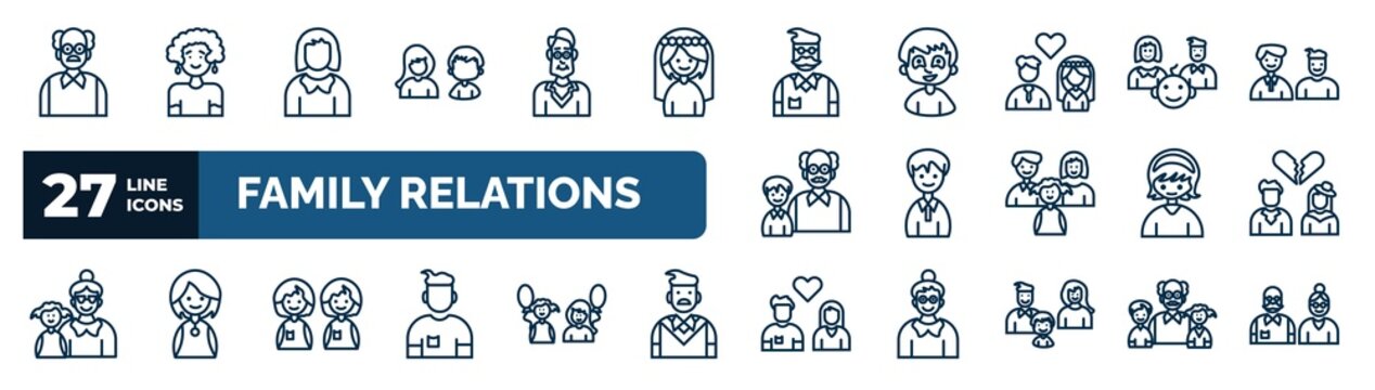 Set Of Family Relations Web Icons In Outline Style. Thin Line Icons Such As Grandfather, Sibling, Father-in-law, Parent, Nephew, Ex-husband, Twin, Girlfriend Vector.