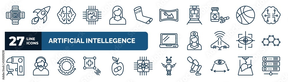 Poster set of artificial intellegence web icons in outline style. thin line icons such as nano sensor, chip
