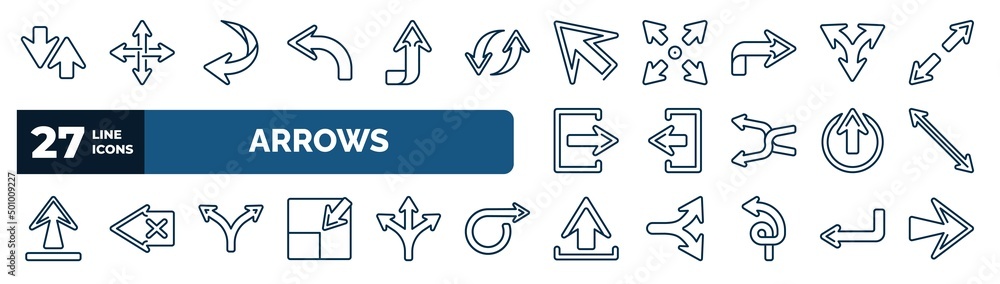 Poster set of arrows web icons in outline style. thin line icons such as sort, backward, diagonal arrows, s