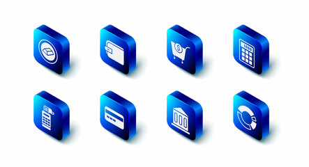 Set Wallet, Shopping cart and dollar, Calculator, Pie chart infographic, Bank building, Credit card, Cash register machine and Gold bars icon. Vector