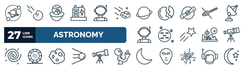 set of astronomy web icons in outline style. thin line icons such as planets, generator, saturn, voyager, neptune with satellite, big telescope, asteroid, big moon vector.