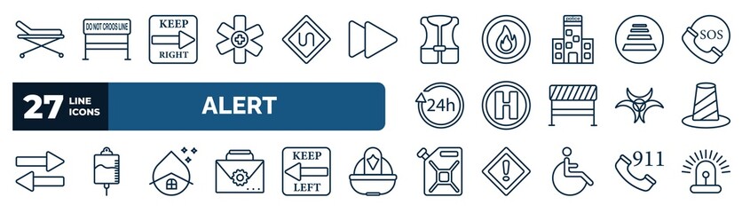 set of alert web icons in outline style. thin line icons such as stretcher, medical, life vest, zebra crossing, hel, bollard, water hose, jerrycan vector. - obrazy, fototapety, plakaty