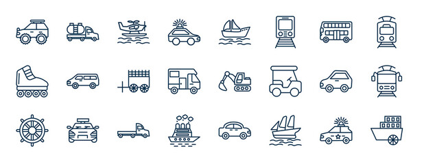 set of transportation web icons in outline style. thin line icons such as all terrain, patrol car, double decker bus, minivan, excavators, tram front view, flatbed lorry, schooner vector. - obrazy, fototapety, plakaty