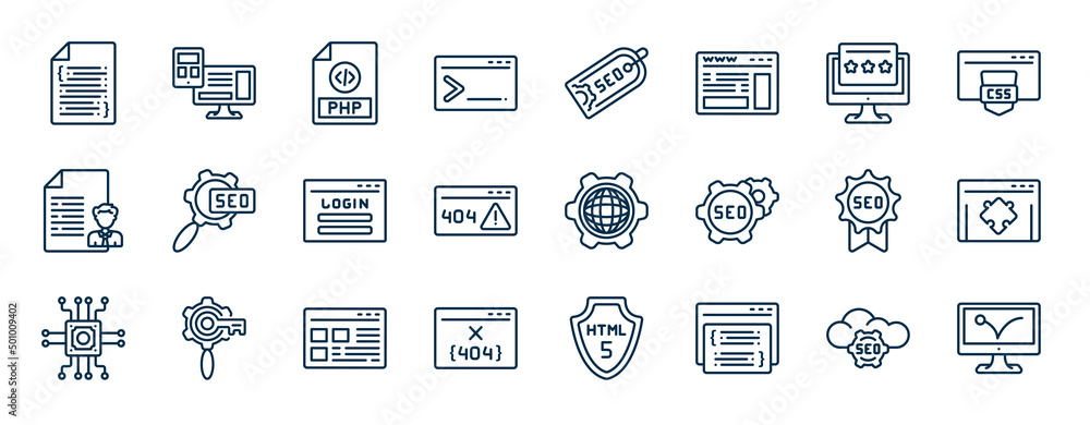 Poster set of programming web icons in outline style. thin line icons such as software, code terminal, seo 