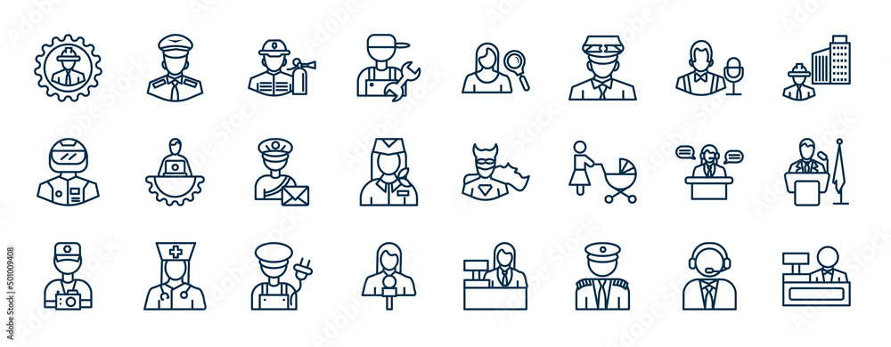 Poster set of professions web icons in outline style. thin line icons such as mechanical engineer, plumber,