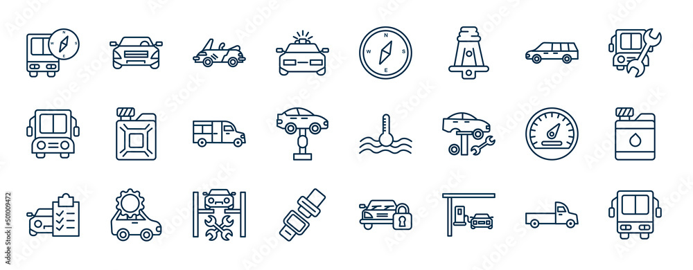 Aufkleber set of mechanicons web icons in outline style. thin line icons such as bus with compass, police car 