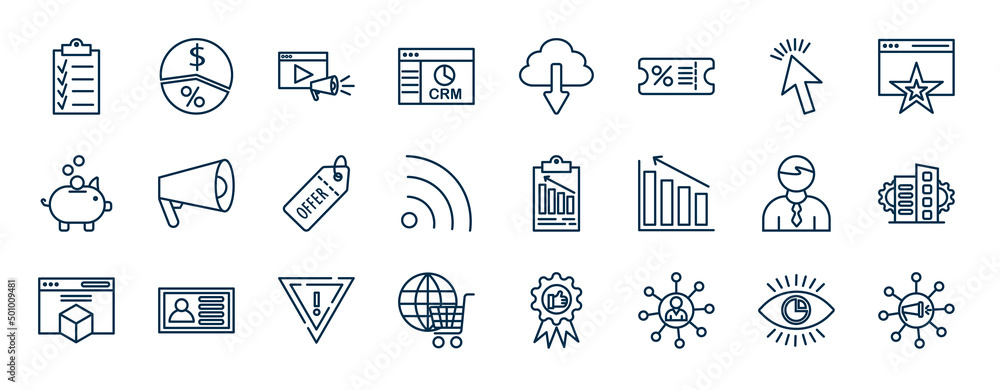 Poster set of marketing web icons in outline style. thin line icons such as checklist, crm, web cursor, pro