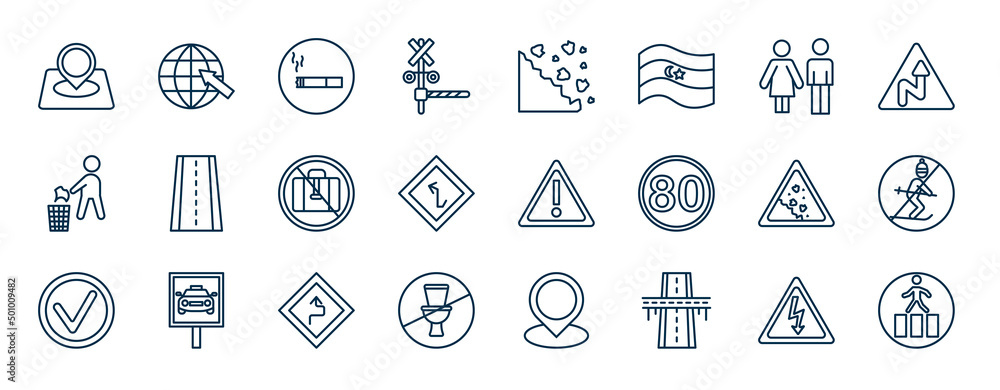 Poster set of maps and flags web icons in outline style. thin line icons such as location marker, rail cros